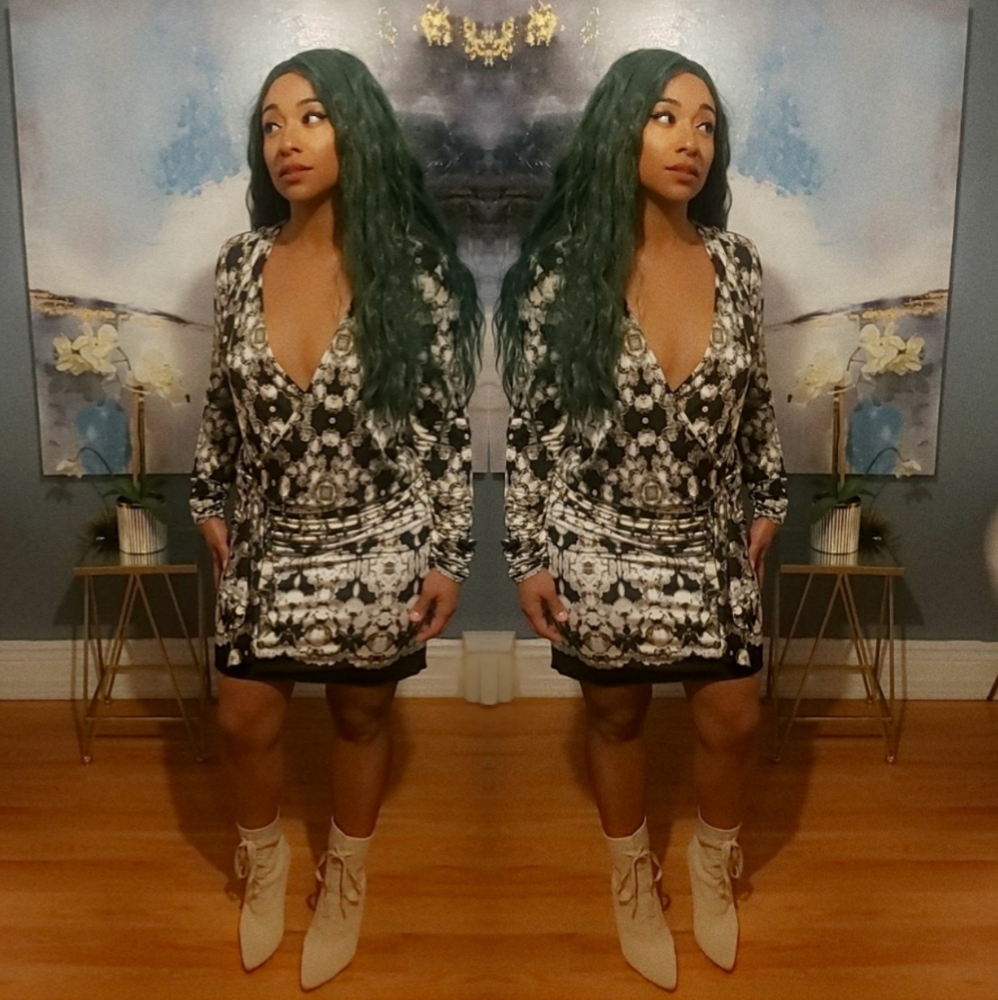 CACHE Jewel Print Slinky Drop Waist Deep V Dress